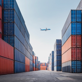 Ein Flugzeug fliegt über Tansport-Container eines Frachthafens
