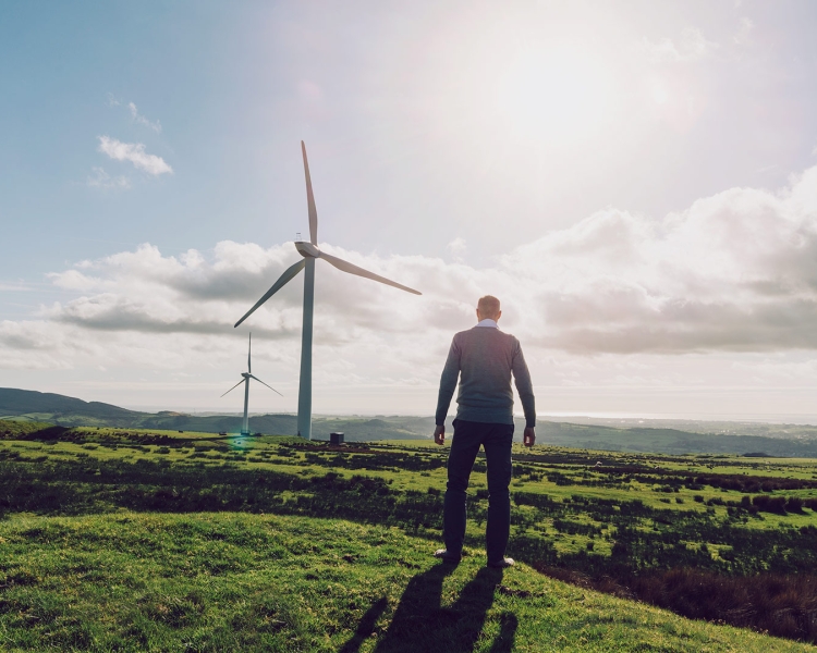 A man stands on a field and looks at two wind turbines