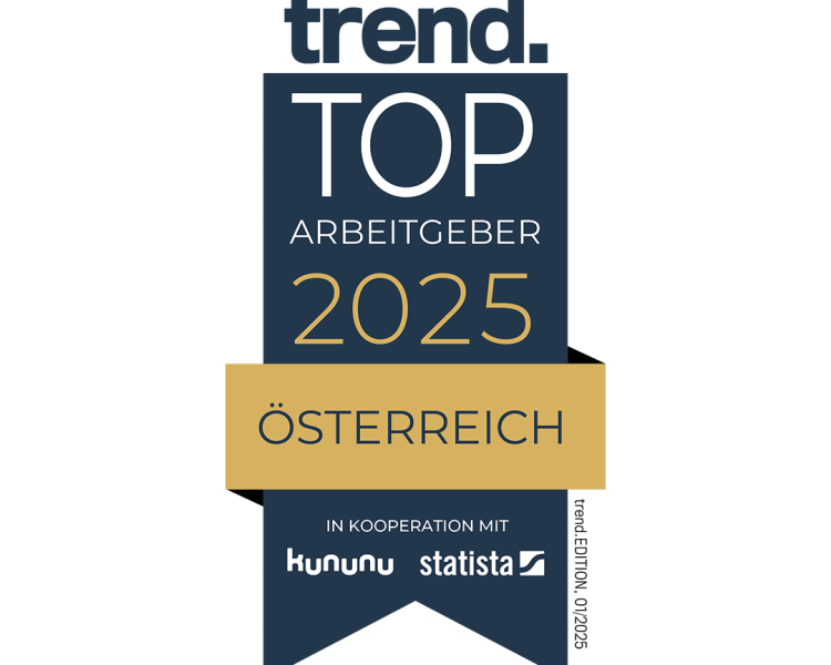 A dark blue seal with the following text: trend. TOP Employer 2025 Austria in cooperation with kununu, statista