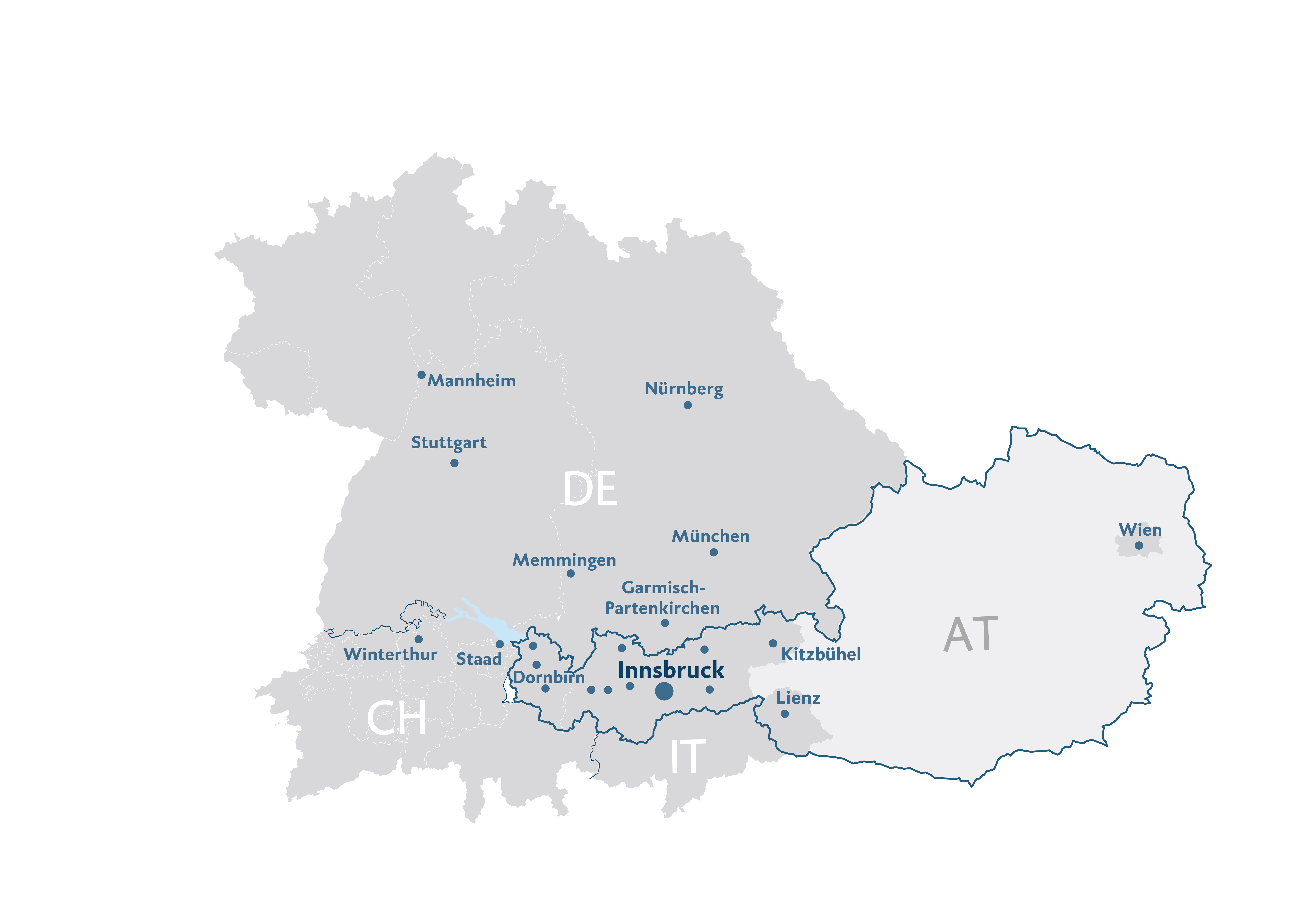 Ländergrafik mit dem Marktgebiet der BTV: Einige Standorte sind namentlich abgebildet und es befinden sich Punkte auf der Grafik, die Standorte der BTV in Bayern, Baden-Württemberg, Tirol, Vorarlberg, Wien, Südtirol und in der deutschsprachigen Schweiz markieren