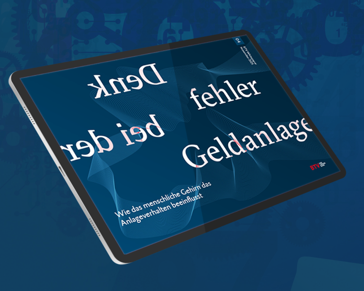 Ein grafische Darstellung eines iPads. Im Bild des Gerätes ist zu lesen: "Denkefehler bei der Gedlanlage, Wie das Menschliche Gehirn das Anlageverhalten beeinflust."