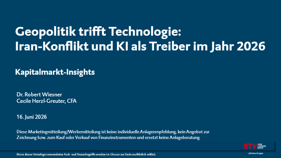 Dunkelblaue Titelfolie zu den Kapitalmarkt‑Insights mit dem Titel „Geopolitik trifft Technologie: Iran‑Konflikt und KI als Treiber im Jahr 2026“, ergänzt um Angaben zu den Vortragenden und dem Datum 16. Juni 2026; darunter ein Disclaimer: Diese Marketing-/Werbemitteilung stellt keine Anlageberatung, kein Angebot zur Zeichnung bzw. zum Kauf oder Verkauf von Finanzinstrumenten dar und ersetzt auch keine Anlageberatung.