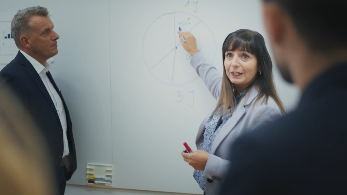 „Eine Frau steht vor einem Whiteboard und erklärt das darauf notierte Thema, während sie gestikulierend in Richtung der Tafel zeigt.
