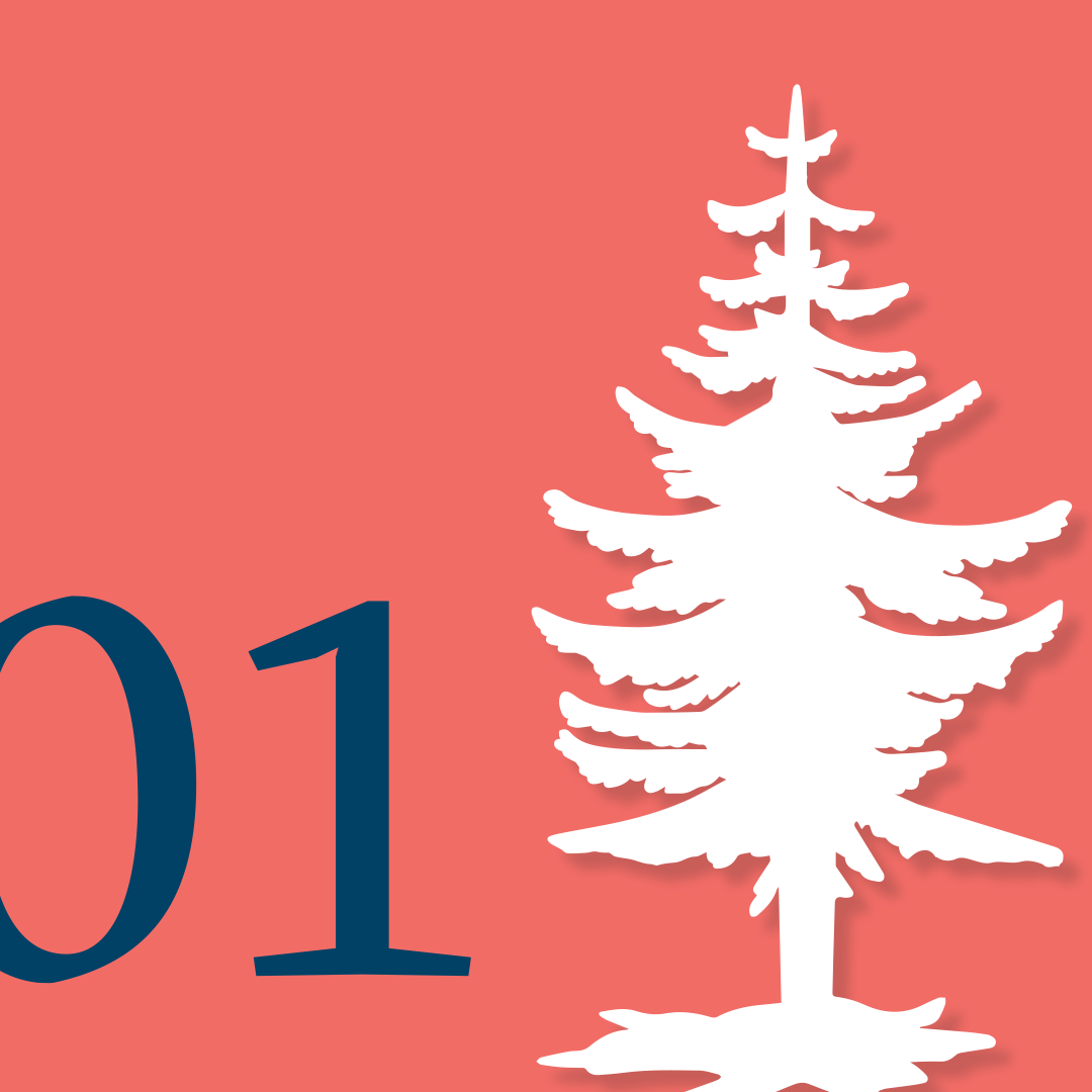 Illustration in der Farbe Orange mit der Zahl 01 in Dunkelblau und einem Baum in Weiß