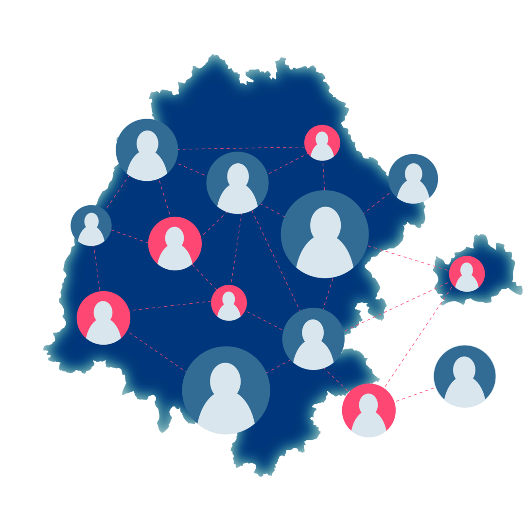 BTV Land (Ostschweiz, Süddeutschland, Tirol, Vorarlberg, Wien, Südtirol) als blaue Grafik mit Icons darüber, die Personen darstellen sollen