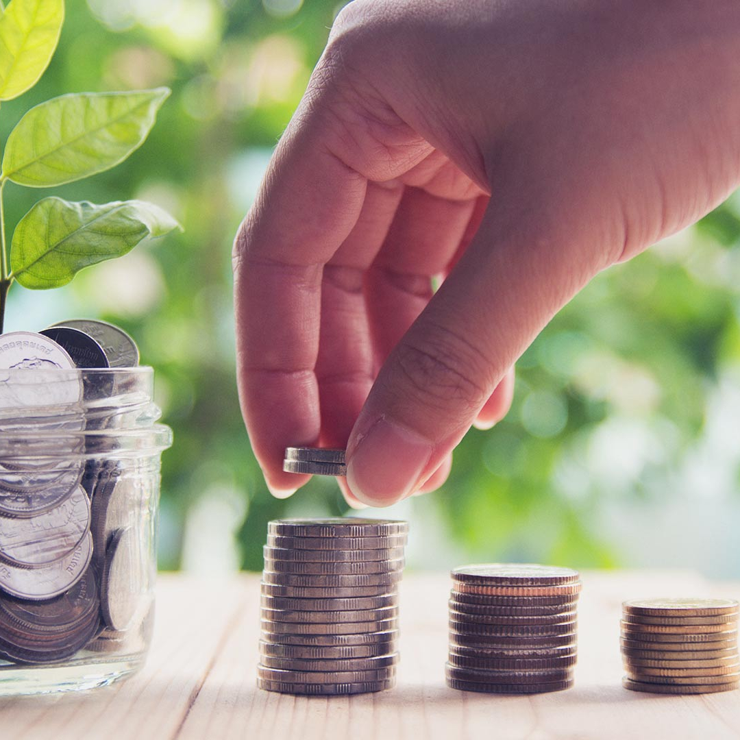 A person puts a coin on a stack of coins. Plants in the background.