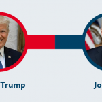 Die Gesichter von Donald Trump und Joe Biden sind zu sehen.